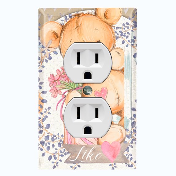 Metal Light Switch Wall Plate Outlet Cover (Teddy Bear Love Heart Flower Bouquet Present Butterfly Wreath - Single Duplex)
