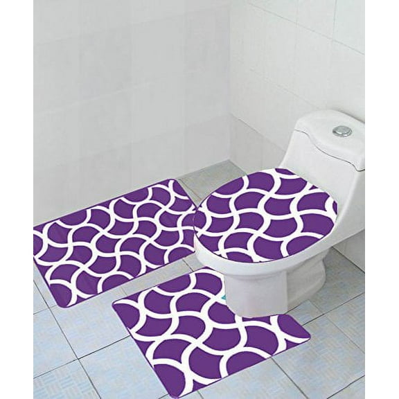 Empire Home Thick 3 Piece Geometric Wave High Pile Bathroom Set Bath Mat Countour Rug/Toilet Seat Cover - Purple