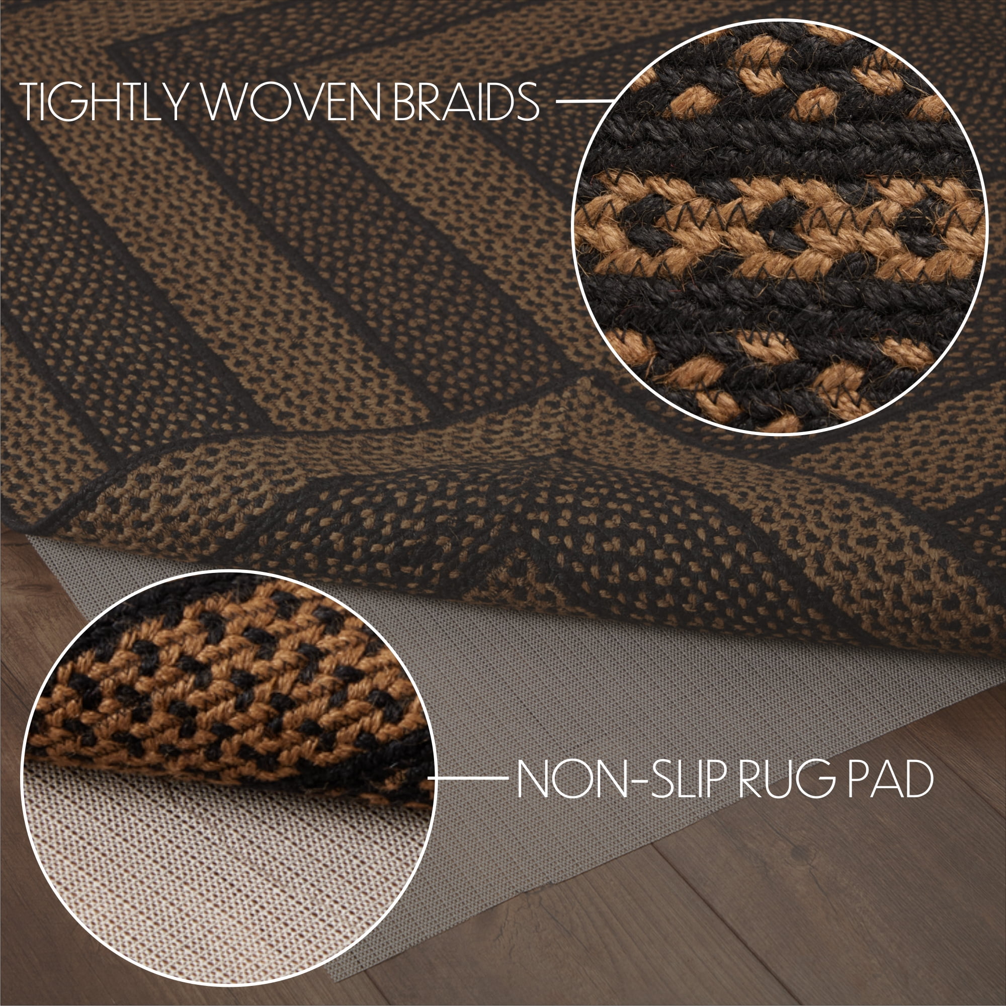 VHC Brands Black & Tan Braided Jute Runner Rug, Non-Skid Pad, Rectangle, Black, 24x96