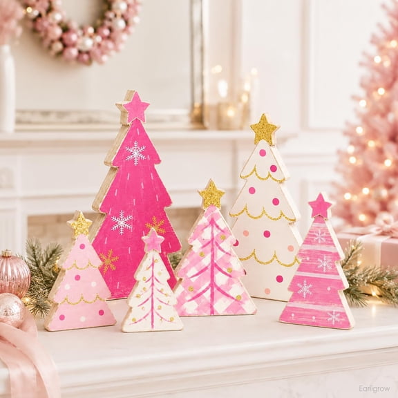 Wooden Christmas Decorations with Pastel Blush Pink Finish, Christmas Tabletop Decor for Farmhouse Mantel Shelf Displays, Christmas Figurines Set of 6 Wood Cutout Decor