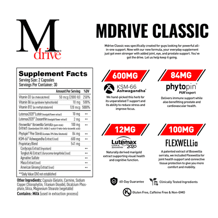 Mdrive Classic Testosterone Booster for Men, Support Healthy Prostate, Eyes, Joint, Energy, Stress Relief, KSM-66 Ashwagandha, Beta-Sitosterols, Lutein, Zeaxanthin, Boswellia, 60 Capsules
