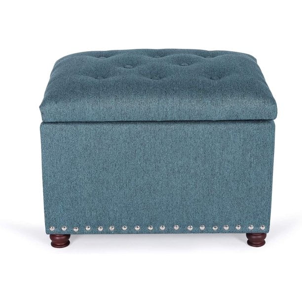Adeco Rectangular Storage Ottoman Foot Rest Stool Fabric Button Tufted Storage Ottoman with Hinged Lid Cyan