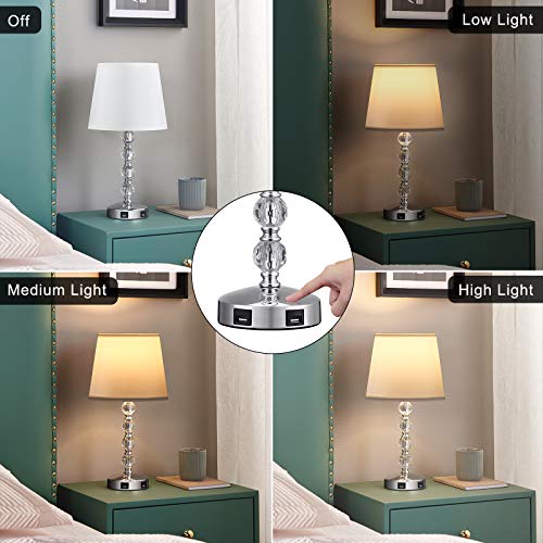 Touch Control 3 Way Dimmable Cute Crystal Table Lamp with 2 USB Charging Ports, Acaxin 17Inch Bedside Light with Modern White Shade, Small Bed Lamp for Bedroom, Living Room, Guest Room(Bulb Included) - image 3 of 3