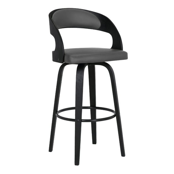 Counter Height Barstool Swivel - Black Wood & Grey Faux Leather - 26 Inch Home Bar Seating