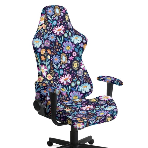 Whosucclay Purple Hippie Flower Print Gaming Chair Cover, Stretchable Elastic Computer Desk Chair Cover with Armrest Covers, 4Pcs Soft Non Fading Office Chairs Covers Slipcovers