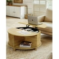 thumbnail image 2 of Round Coffee Table with Lifting Top, Small Circle Coffee Table with Storage, Mid Century Modern Center Table with 180° Sliding Tambour Door, Wood Fluted Dining Table for Living Room, Natural, 2 of 18