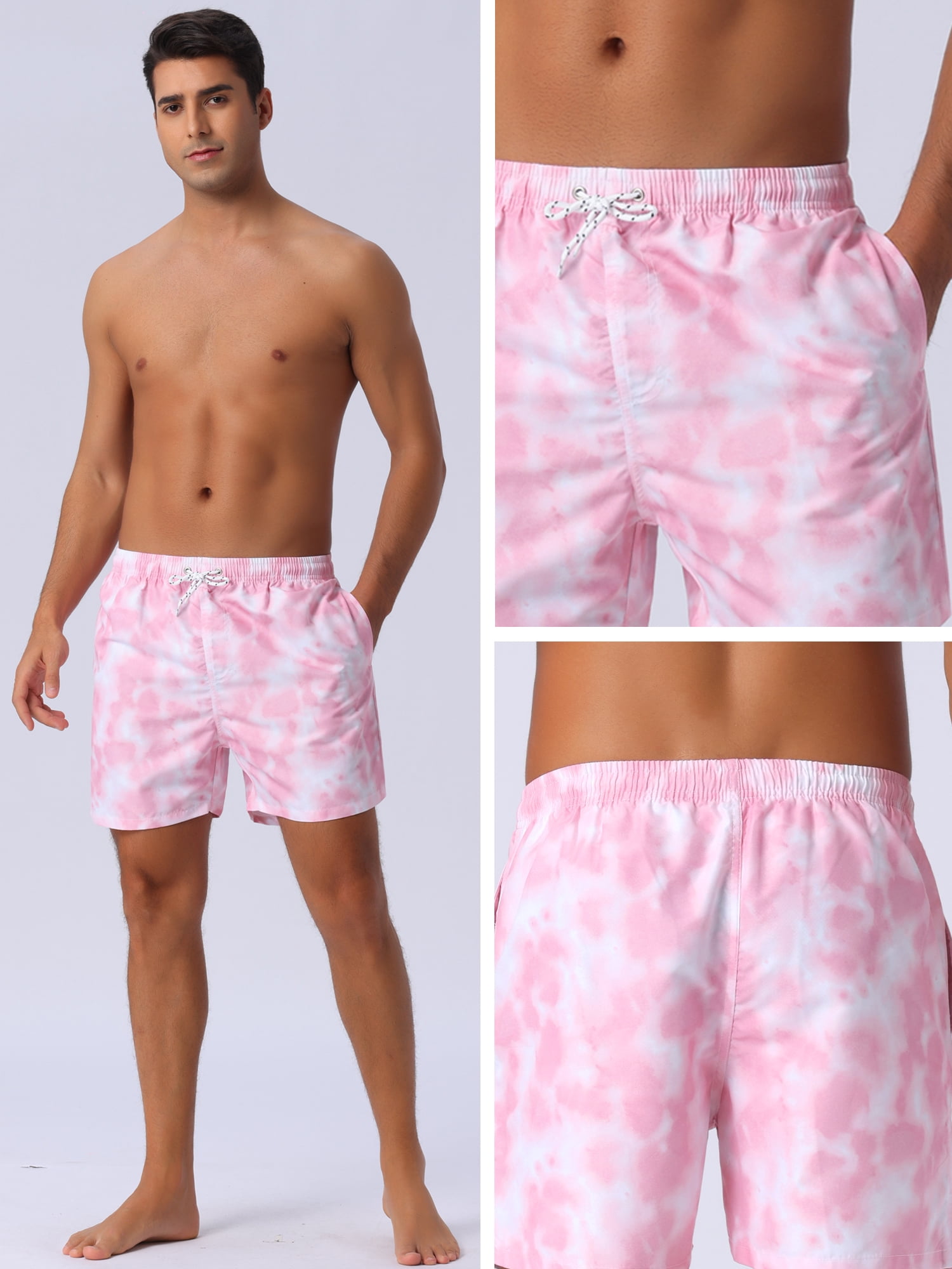DARING DIVA Men's Drawstring Elastic Waist Tie Dye Hawaiian Board Shorts 32 Pink