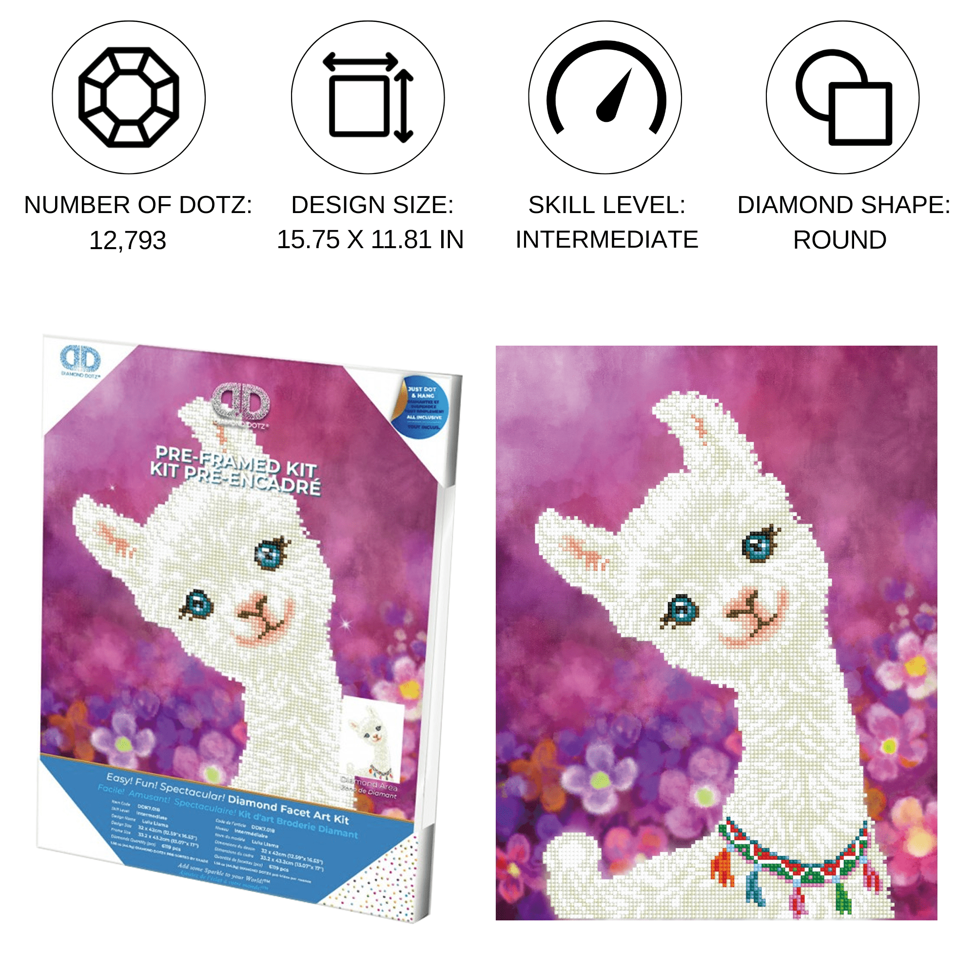 Diamond Dotz Lulu Llama with Frame Animal  Diamond Painting Kits for Adults - Diamond Art Kits a Relaxing Creative Craft Kit with Dotz Gems 12.6"x16.5"