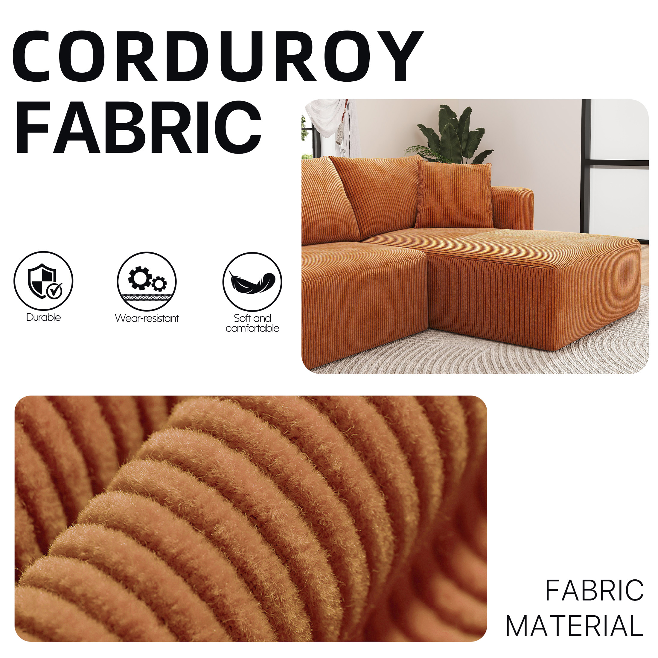 Focalsweet 107" L-Shaped Sofa Couch, Modular Sectional Living Room Sofa Set, Corduroy, No Assembly, Orange