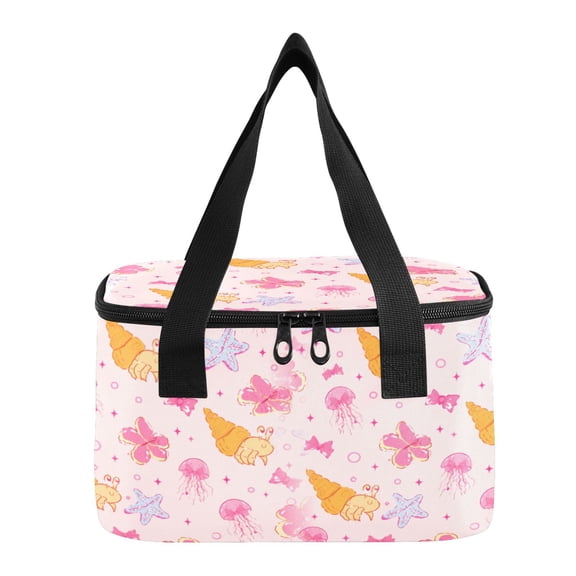 6L Insulated Lunch Bag Square Handheld Cooler Tote Cute Seaside Marine Pattern Reusable Thermal Bag with Polyester & Aluminum Lining for Work Picnic Travel