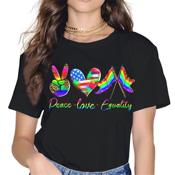 Pride Shirt Peace love Equality LGBTQ Lesbian Gay Pride Flag Women Rainbow T-Shirt Tops Graphics Casual Crew Neck Shirts Gift Tee Black Small