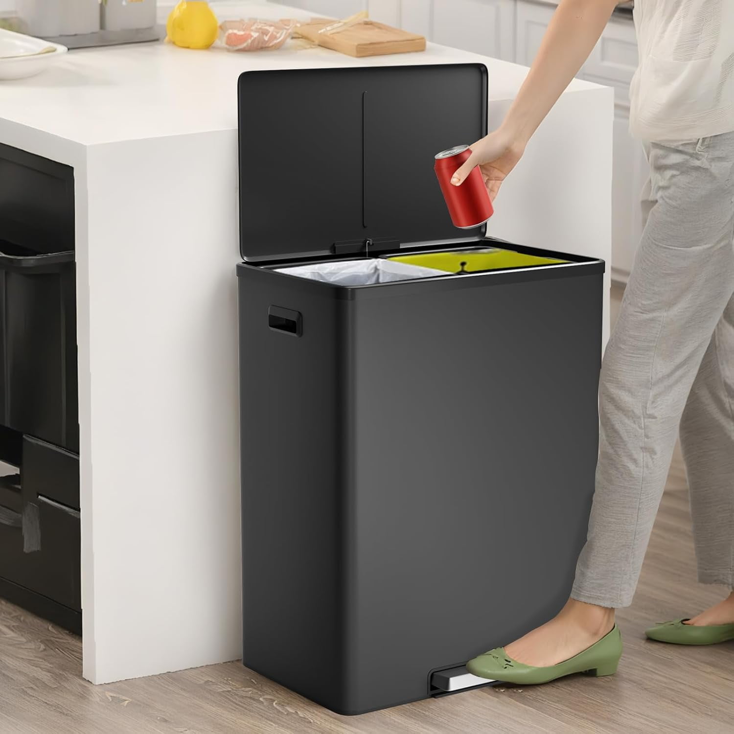 16 Gallon Kitchen Trash Can, 30L+30L Step Dual Recycling Bin with 2 Removable Barrel, Wide Step Pedal, Soft Close Lid, Large Stainless Steel Garbage Can for Home and Office
