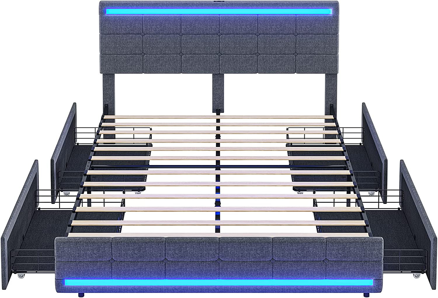 Afuhokles LED Bed Frame Queen Size with 2 USB Ports, Platform Bed Frame with Headboard and Footboard, Storage Drawers, Dark Grey