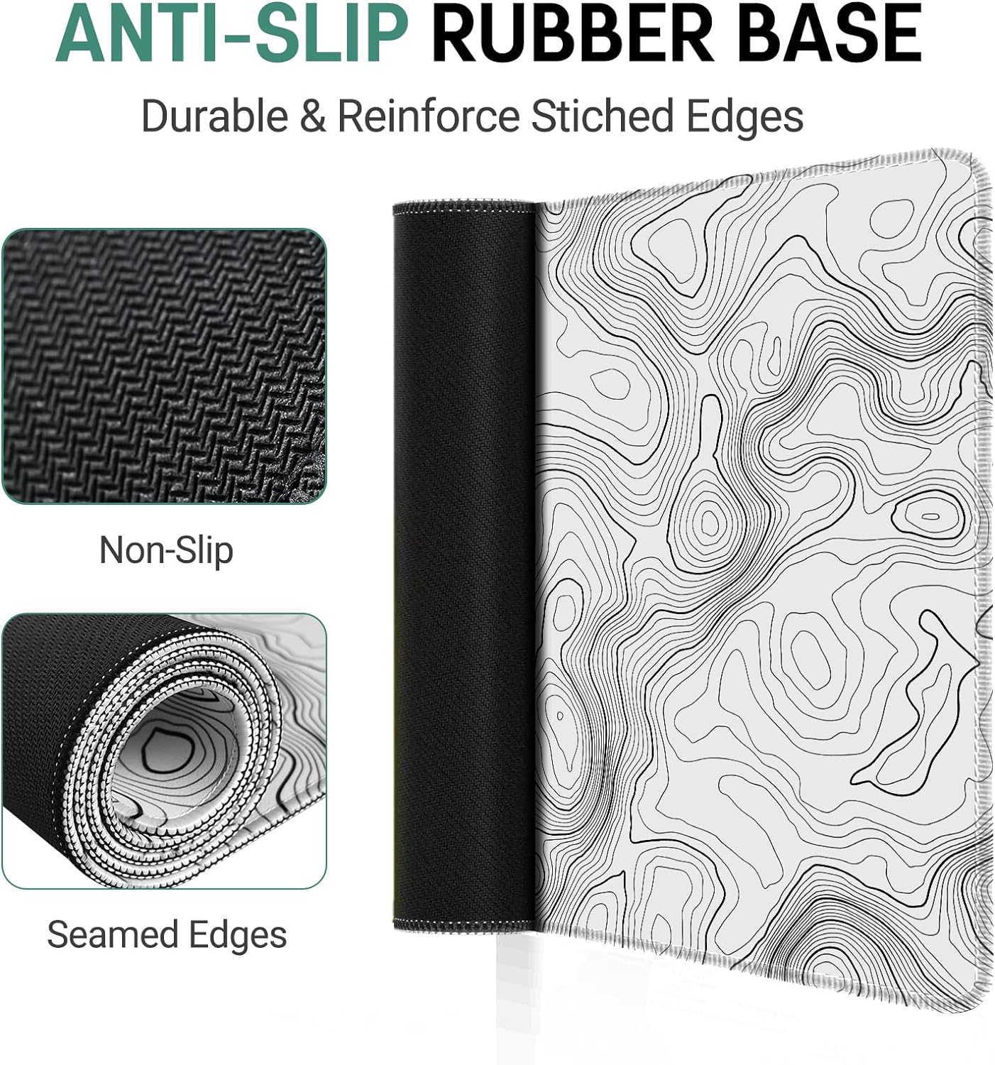 Topographic White Gaming Mouse Pad Black Desk Mat,Office Desk Pad,XXL Large Mouse Pad for Desk 35.4x15.7in Mousepad with Stitched Edges,Non-Slip Rubber Base,Waterproof Computer Keyboard Pad