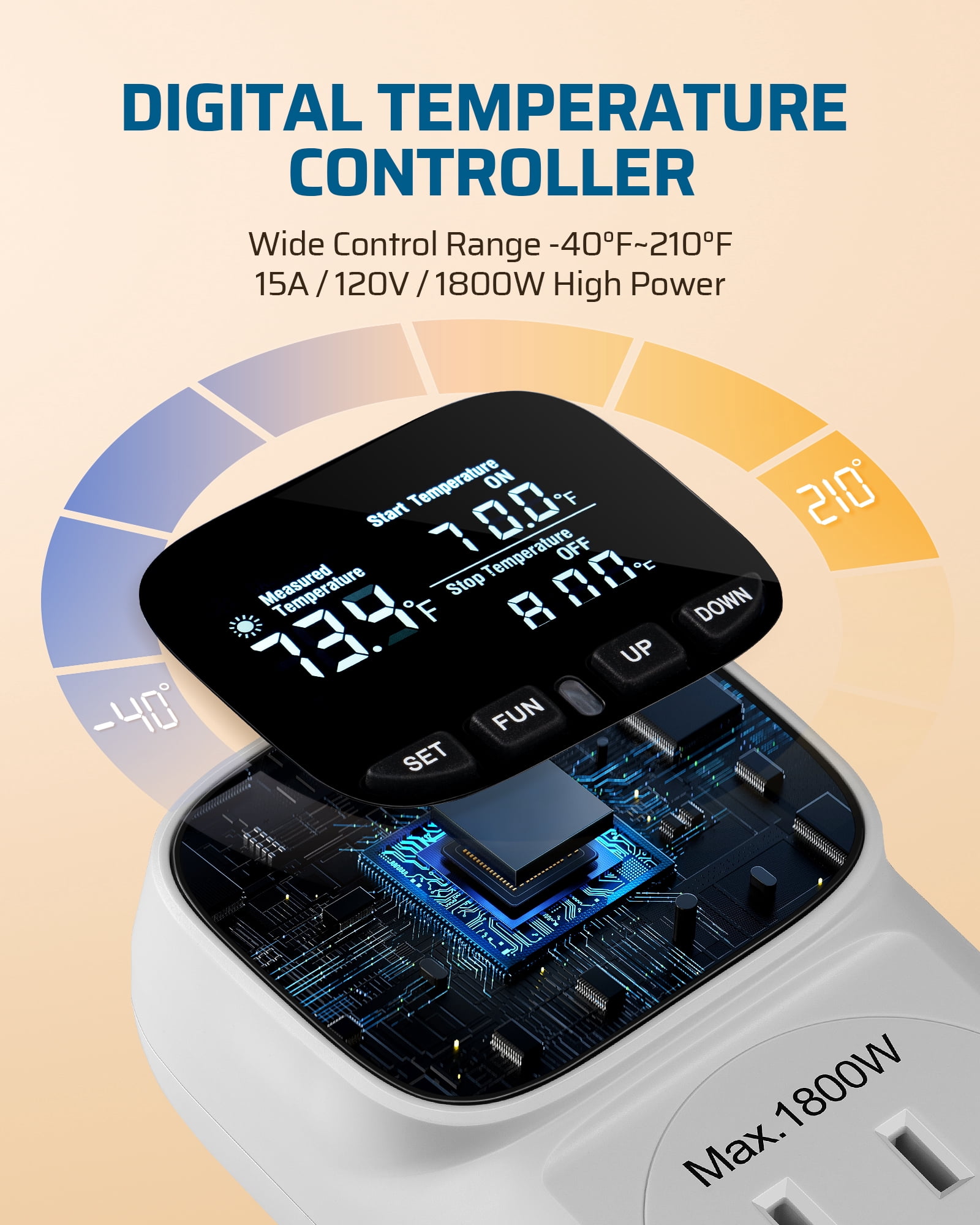 DEWENWILS Digital Temperature Controller, Heavy Duty 15A/1800W Thermostat Outlet Plug, VA Display Heating Cooling Control Timer, -40℉~210℉