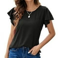 thumbnail image 3 of Camisa de manga corta abombada para mujer, cuello redondo, Top con ojales de ganchillo, suave, informal, para uso diario, oficina, escuela, compras, 3 of 6