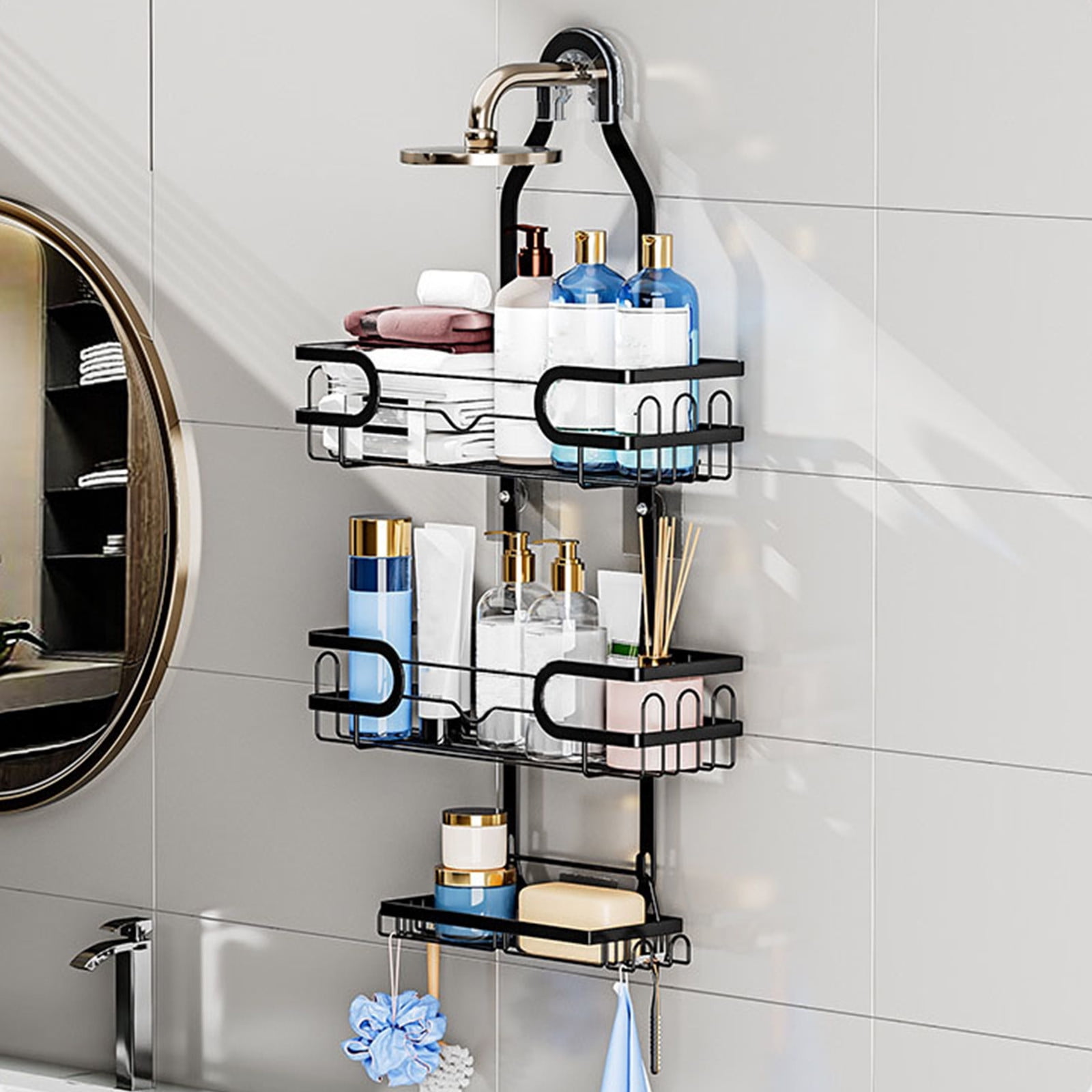 Bathroom Shower Caddy Hanging,Shower Organizer Hanging 3-Tier with Soap Holder, Shower Caddy over Shower Head Fits Shower Head Arm