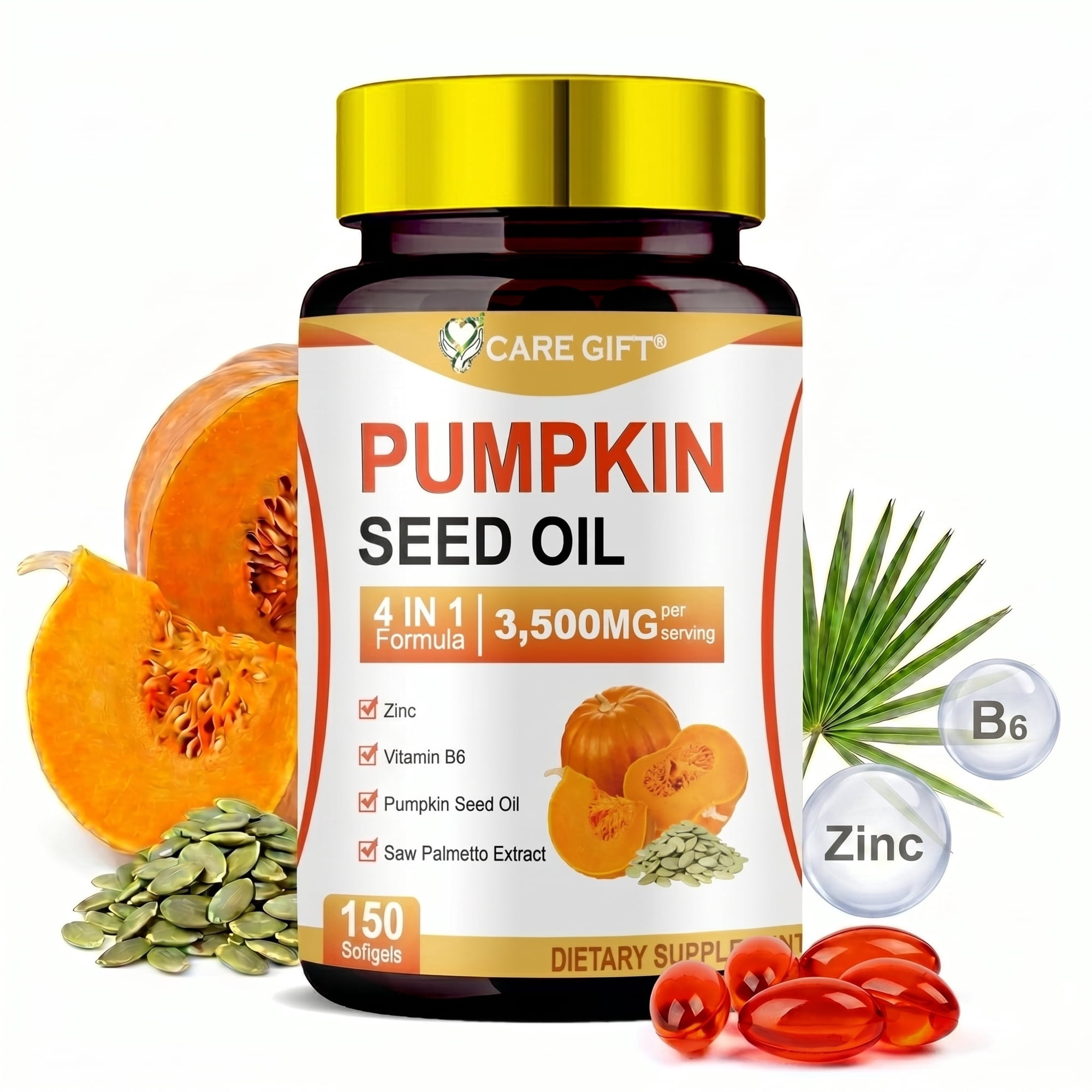 Pumpkin Seed Oil with Saw Palmetto, Zinc Vitamin B6, 3500mg 4-in-1 Advanced Formula, Cold Pressed Essential Fatty Supports Immune Hair Urinary Bladder Prostate Health, 150 Softgels