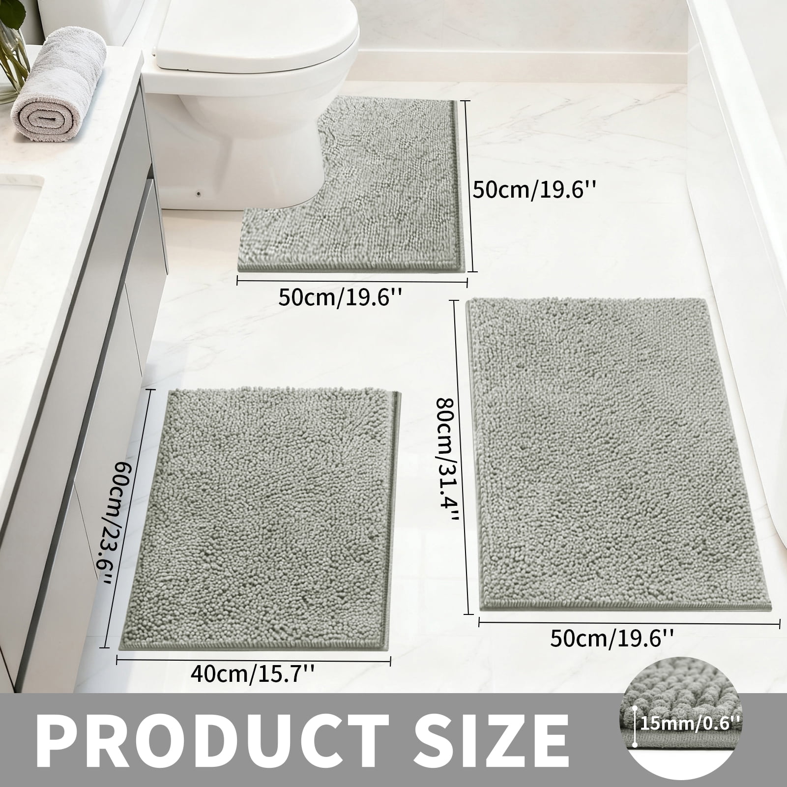 3 Pieces Bath Mat Set, Soft Chenille Bathroom Rugs Mat, Absorbent Spa Shaggy Bath Rugs Set, Machine Washable & Non Slip Bath Mats for Bathroom, Tub, Shower（Grey）