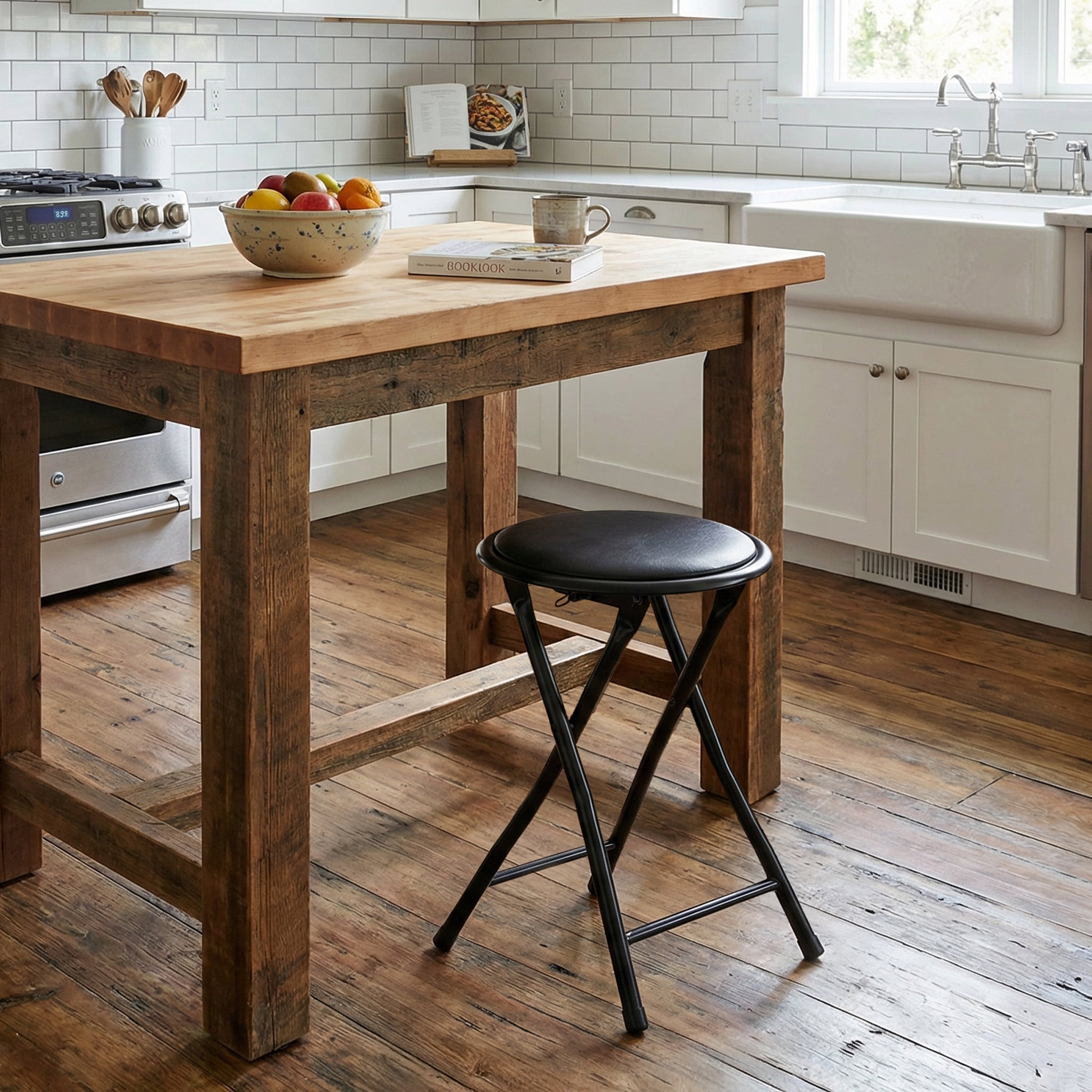 Homy Casa Folding Stool with Round Seat, Black Metal Frame, Portable Space-Saving Design