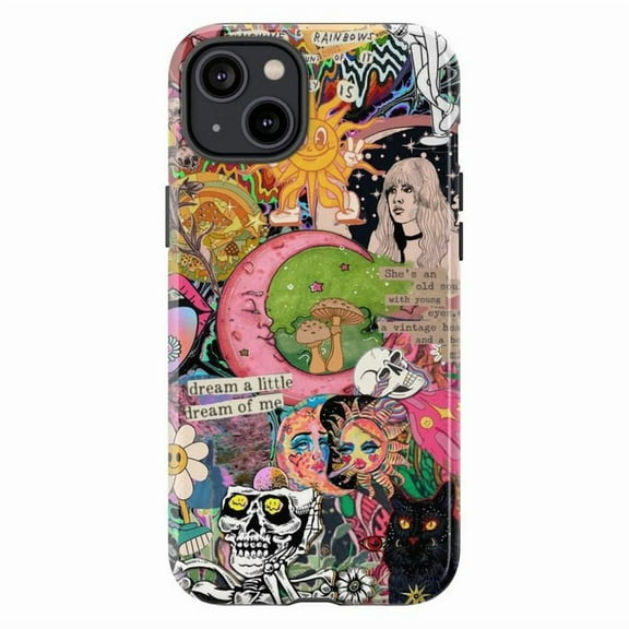 Psychedelic Collage Phone Case, Trippy Retro Mushroom Moon Art Cover with Daisies & Skeleton Design for iPhone 17 16 15 14 13 12 11 Pro Max Plus Mini