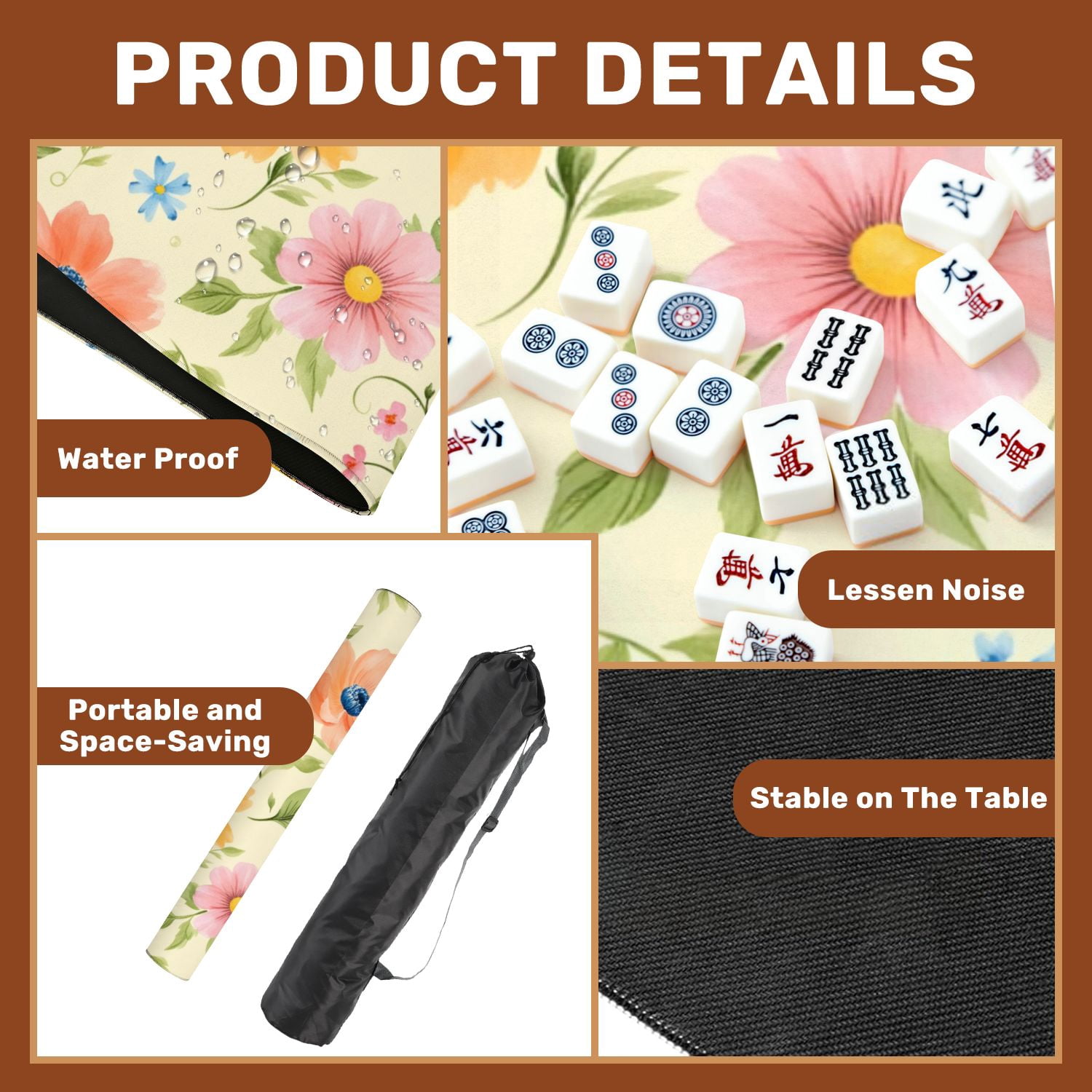 Mahjong Mat 31.5" x 31.5" Colorful Hand Painted Floral Wildflowers Cream Non-Slip Noise Reduction American Mahjong Tiles Table Cover for Dominoes Poker Card Board Games Gift