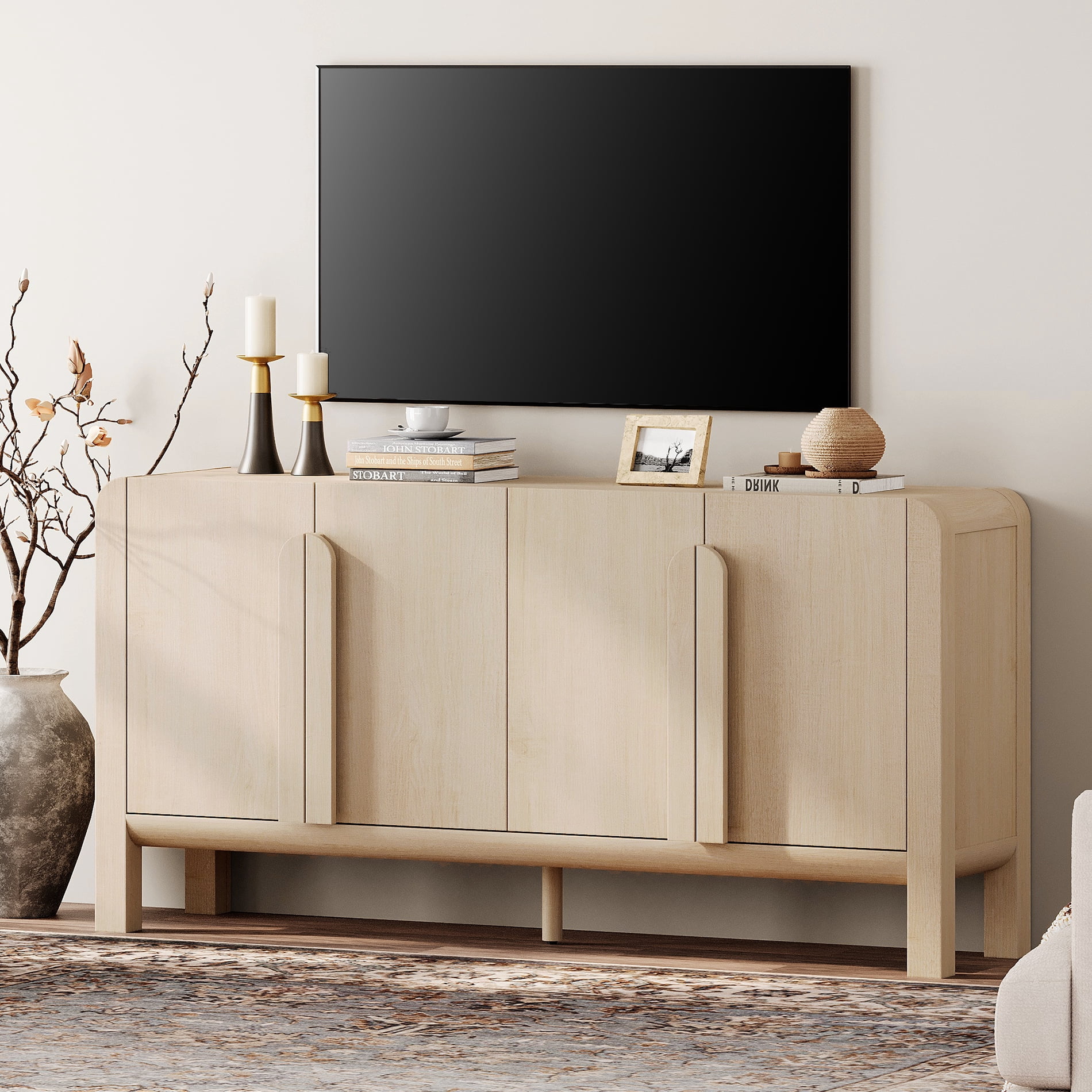Modern 63" TV Stand with Storage, Entertainment Center with Adjustable Shelves,Wooden TV Console with 4 Doors for Living Room
