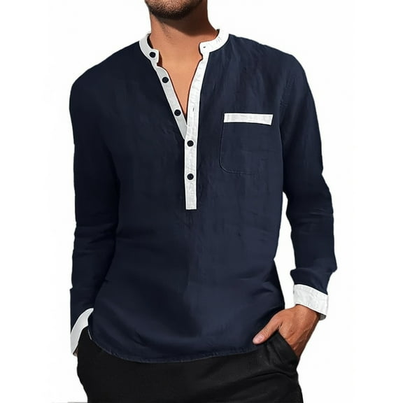 Men's Fashion Casual Solid Color Polyester Collar Shirt, Lightweight, Stretchy, with Contrasting Prints, Multiple Sizes