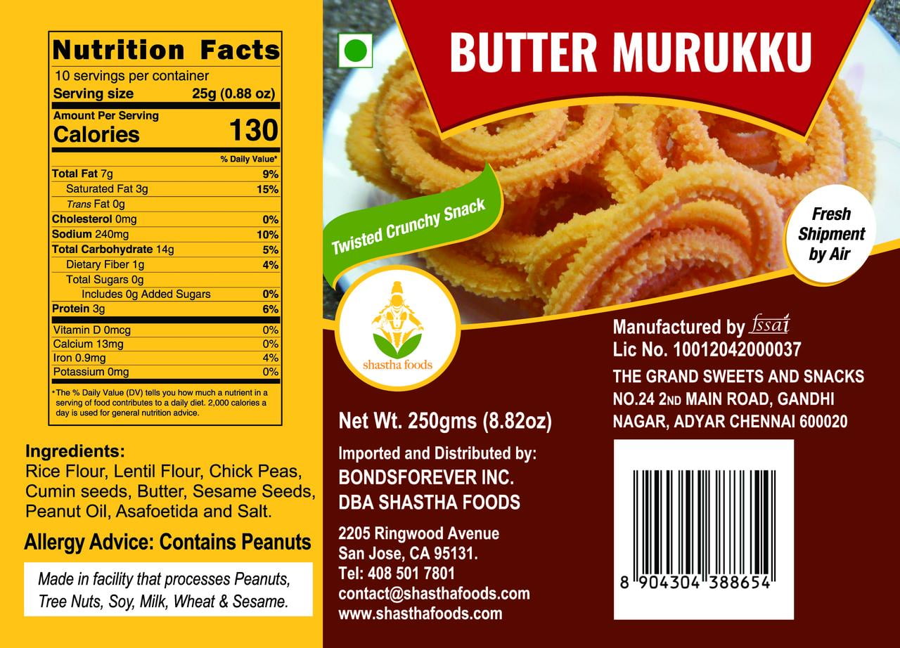 Grand Sweets and Snacks (GSS) Butter Murukku (Pack of 2) Each Pkt 250 Gms