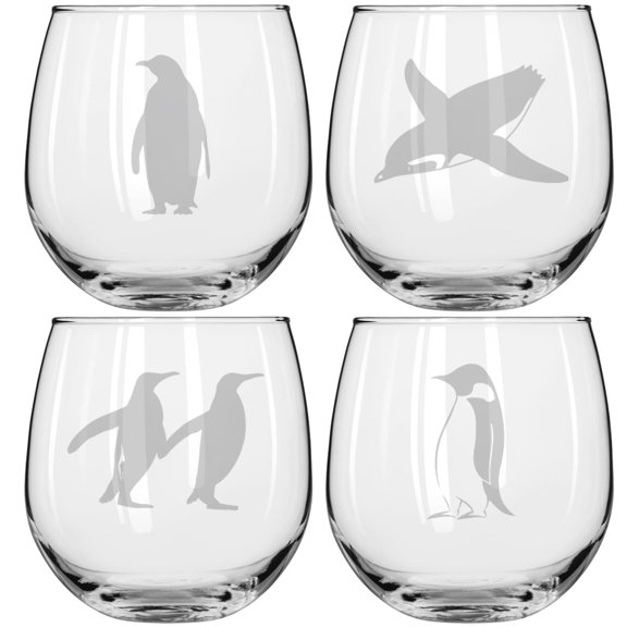 Set of 4 Wine Glass for Red or White Wine Gift Penguin Collection (16 oz Stemless)