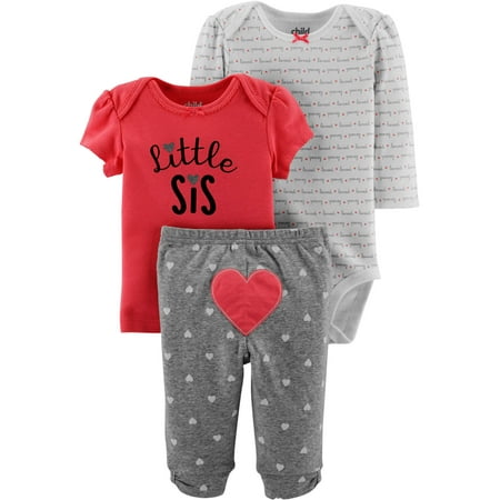 Carter's Child of Mine Baby Girl Little Sister Outfit Long Sleeve Bodysuit, T-Shirt & Pants, 3-Piece (0-24 Months)