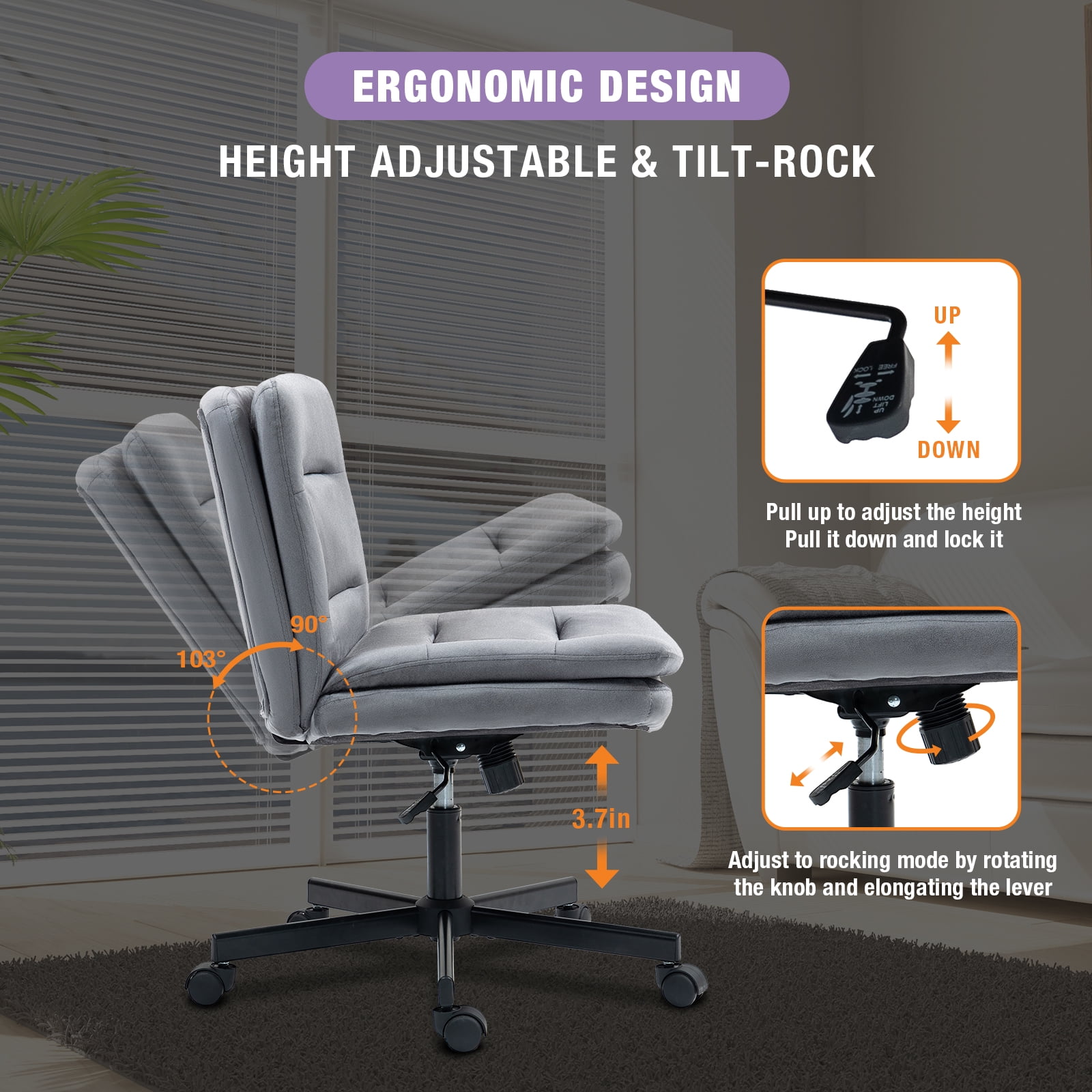 Criss Cross Legged Chair Ergonomic Home Office Desks Chair with Casters, Armless Wide Comfy Vanity Desk Seat Swivel Rolling Computer Chair, Adjustable Height, Rocking Function, Gray