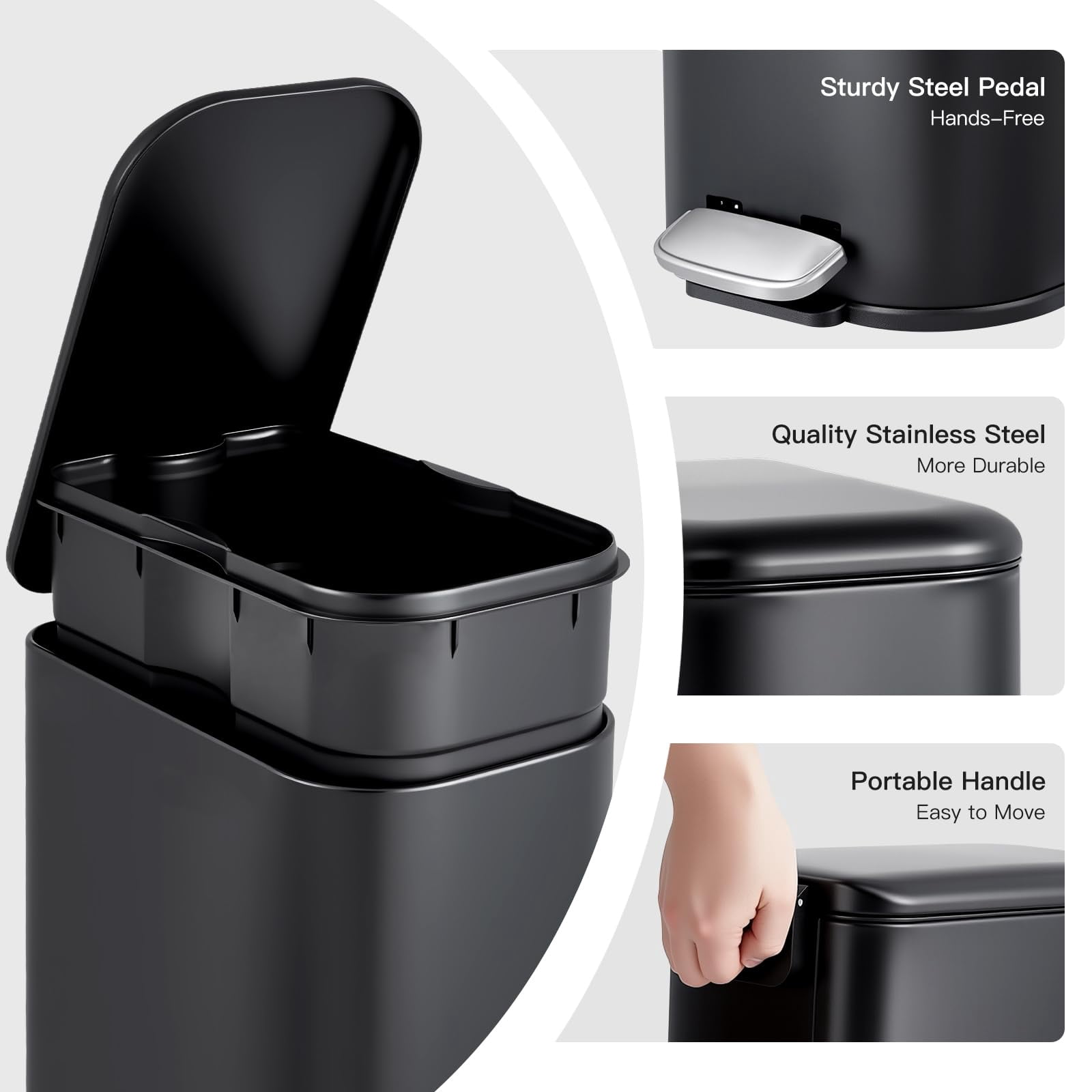 GARVEE 1.3 Gallon Bathroom Stainless Steel Garbage Can, Soft Close Lid, Black