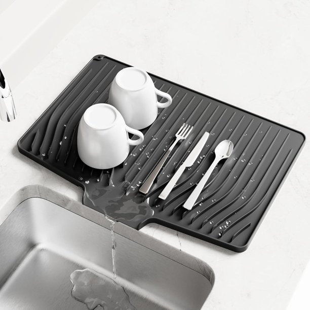 Tapete Secaplatos de Silicona para Cocina - Alfombrilla Antideslizante - Base para Secar Trastes y Proteger Encimeras (Negro)