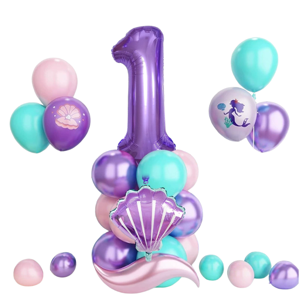 Set de globos con temática de sirena para el primer cumpleaños, 26 piezas