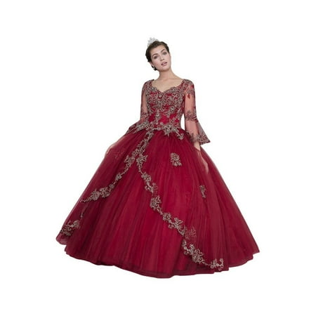 - Calla Collection Womens Burgundy Bell Sleeves Quinceanera Ball Dress