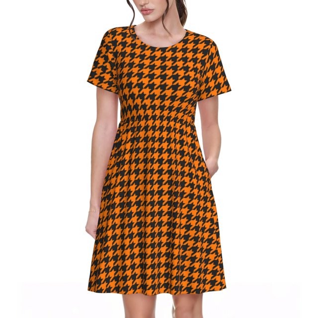 Balery Black And Orange Houndstooth Vestidos sueltos de manga corta para mujer, vestidos de verano 2025, vestidos casuales de corte A con vuelo.