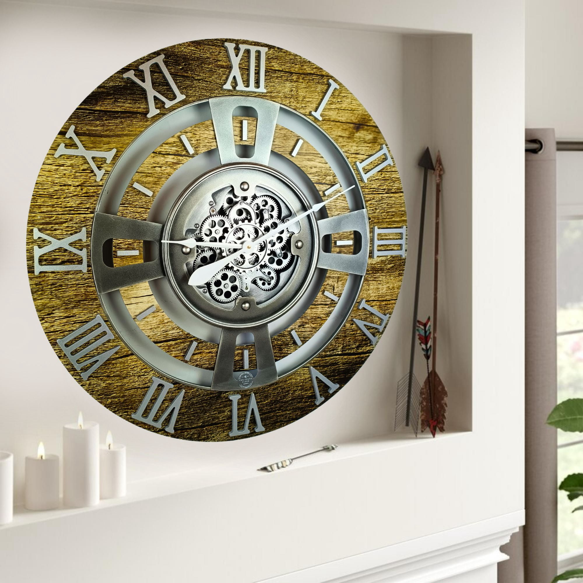 THE GEARS CLOCK Wall Clock with Real Moving Gears EN-LI_ 24 in Round Gold-Antique