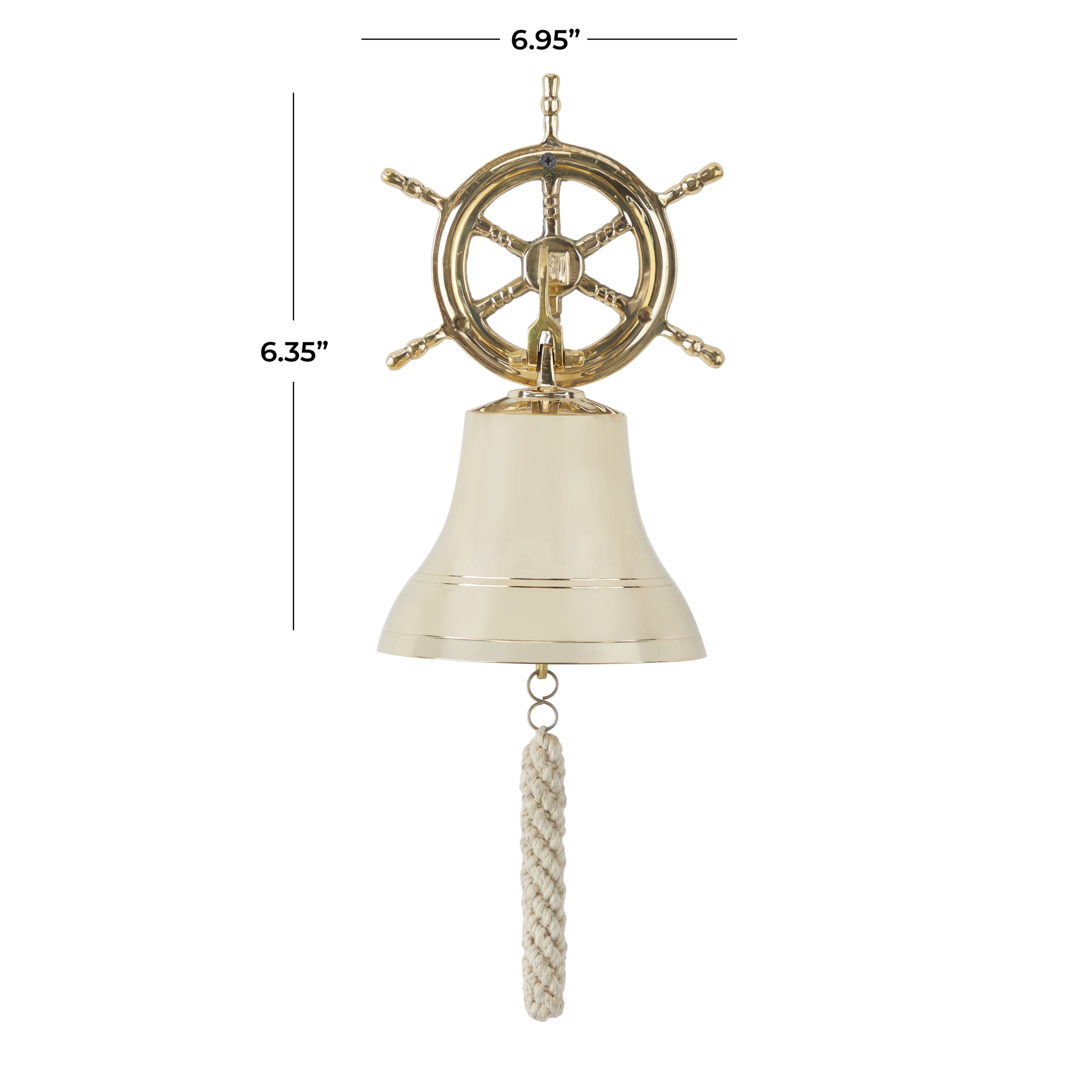 DecMode Gold Brass Bell Wall Decor with Ship wheel Backing
