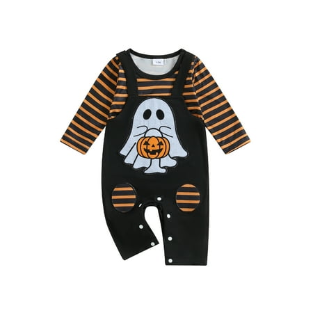 

Vervocedenovo 0-18M Infant Baby Halloween Romper Stripes Ghost Print Long Sleeve Round Neck Fake Two Piece Fall Overall Jumpsuits