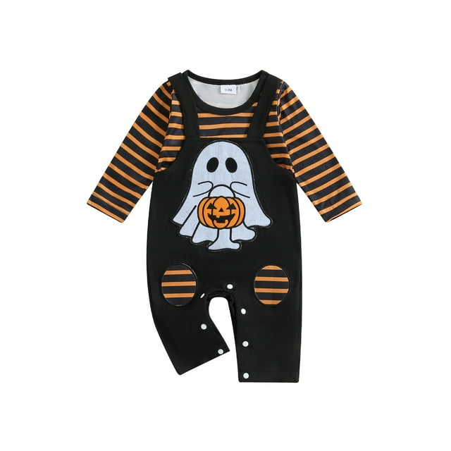 SUNSIOM Barboteuse Bébé Halloween Rayures Ghost Imprimé Manches Longues Col Rond Faux Deux Pièces Combinaisons Automne