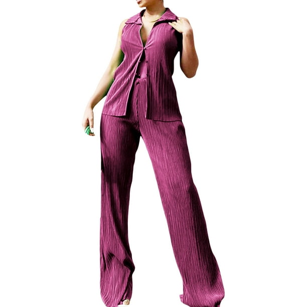 Txlixc Conjunto casual de 2 piezas para mujer, sin mangas, con botones, camisa plisada y pantalones Txlixc Moda