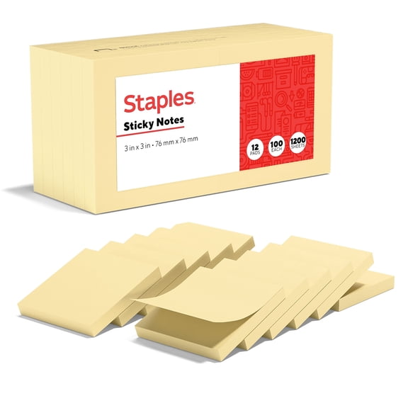 Staples Stickies Recycled Notes 3" x 3" Yellow 12 Pads/Pack (S-33YR12) 105809