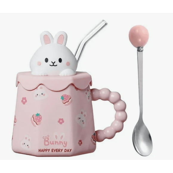 Taza De Cerámica 360 Ml Diseño Animal+ Tapa+ Cuchara+ Popote