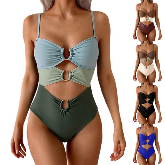 Womens Cutout One Piece Swimsuit with Color Block Ring Linked Monokini Bathing Suit for Beach Vacation Army Green XL(XL)