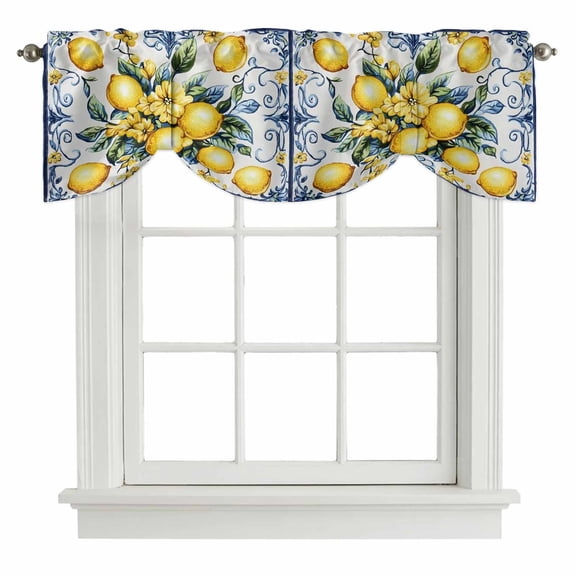 Yellow Lemon Tie Up Valance Curtains for Windows, Kitchen Curtains Window Treatments, Middle Century Blue Italian Textured Short Window Shades Valances for Bedroom Bathroom Cafe 42"x12"
