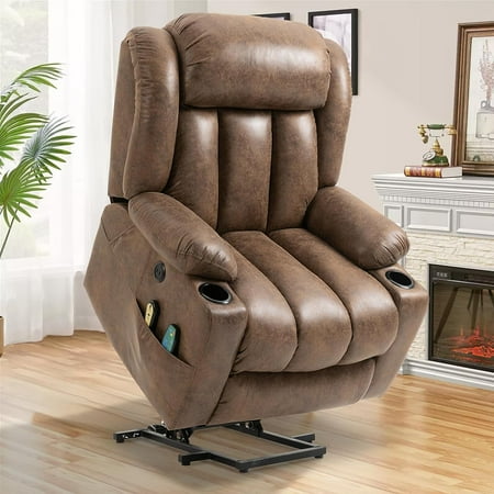 SOCIALCOMFY Large Electric Power Lift Recliner Chair with Extended Footrest for Elderly Big Man, Overstuffed Wide Massage Lounge Chairs with Heat, 2 Cup Holders, Side Pockets & USB Ports, Brown