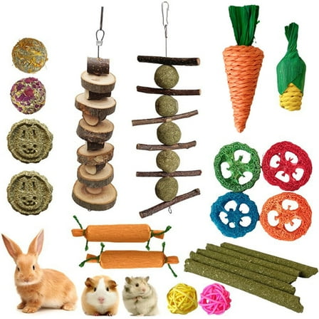 21 Pcs Bunny Toys, Natural Apple Wood Grass Timothy Sticks Chew Toys for Rabbit, Guinea Pig, Hamster
