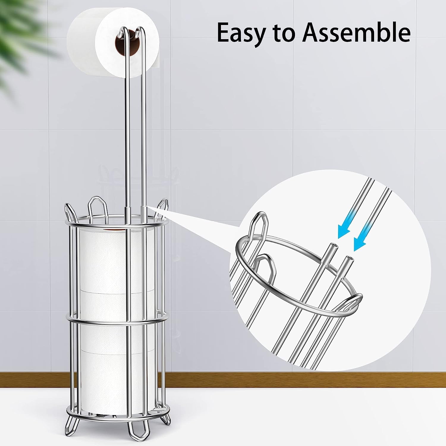 Meangood Toilet Paper Holder Stand and Tissue Roll Dispenser for 4 Mega Rolls, Bathroom Free Standing Storage Rack, Metal Wire Silver