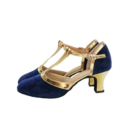 

Colisha Womens Dancing Shoe Closed Toe Dance Shoes T-strap Chunky Heels Ballroom Breathable Latin Sandal Soft Sole Sandals Blue Gold 8.5